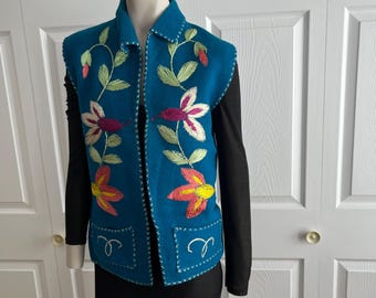 70s Vintage Embroidered Wool Blend Floral Aqua Women Vest Small