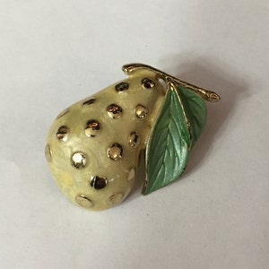 50ss Yellow Enamel Pear Fruit/Goldplate Brooch Signed S Vintage