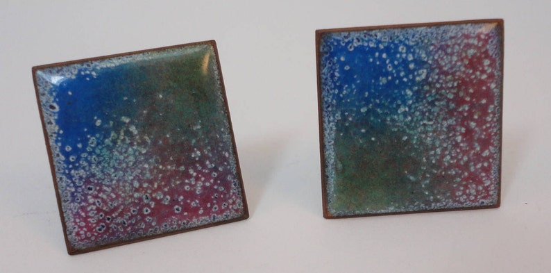 60s Blue Confetti Enamel on Copper Square Cuff Links Artisan Made QC