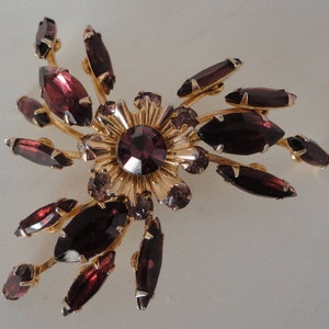 50s Burgundy Navettes  Rhinestones/Goldplate Spray Brooche