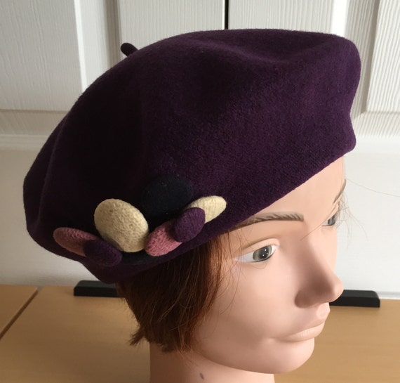 70s Purple Wool Beret Women Hat 10.5  Medium Butt… - image 2