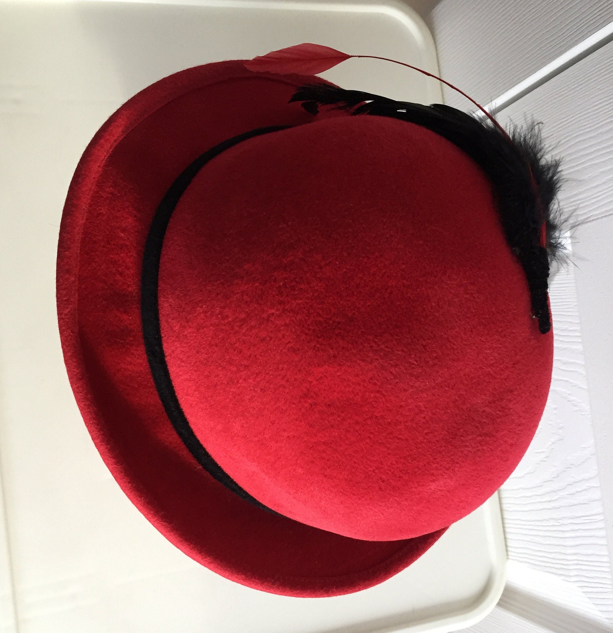 60s Red Felt Hat With Velvet Ribbon & Feathers, Small 