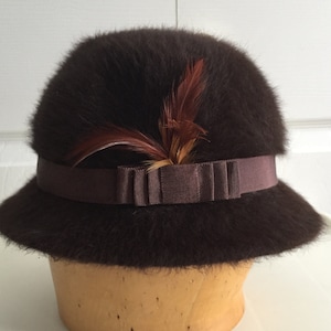 70s Brown Angora Wool Blend Women Hat Medium 22 inches Boutique Kates Made in Canada Vintage
