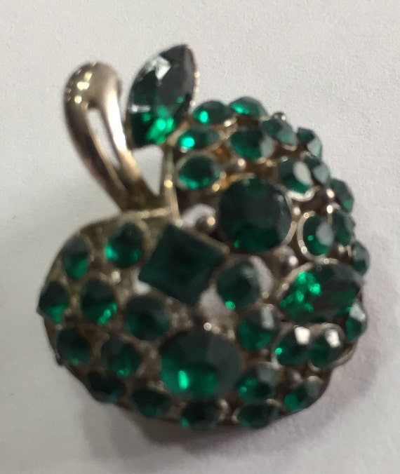 60s Green  Rhinestones/Silver Metal Alloy Apple B… - image 5