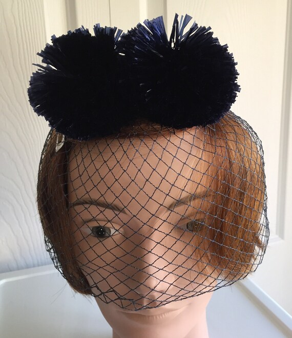 50s Vintage  Navy Straw/Netting Caged Fascinator … - image 2