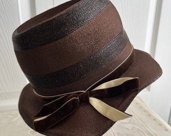 70s  Brown Straw  Women Hat Small 21 14 inches  H. Thivierge Made in Canada Vintage