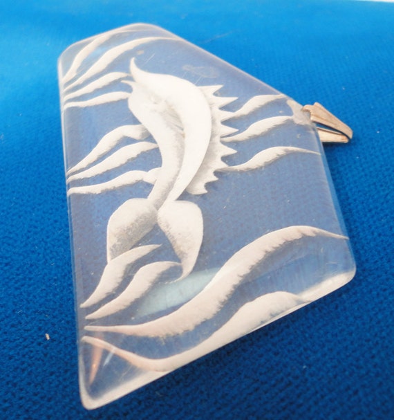 60s Reversed Carved Swordfish Clear Lucite Pendan… - image 4