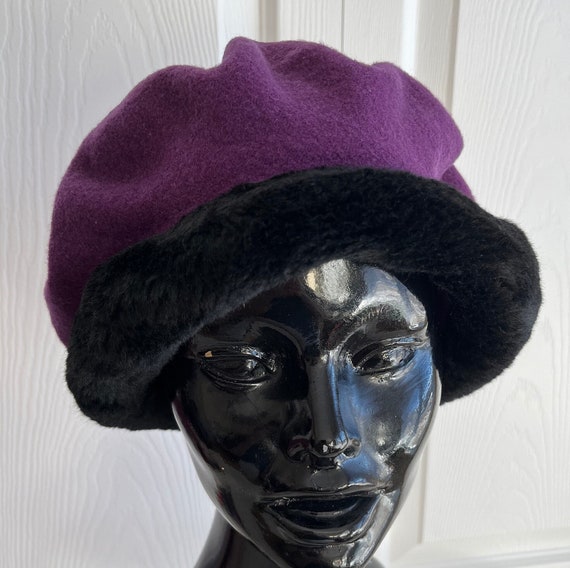 80s Purple Wool Beret Black Faux Fur Border Size Medium - Etsy display picture 1