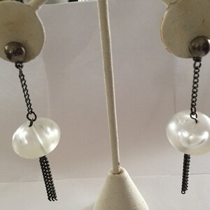 80s Clear Matte Flattened Bead and Chains Dangles Stud Earrings Disco Era Vintage