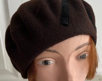 70s Brown/Black Wool Beret Women Hat Large 11 inches Vintage Beatnik Look