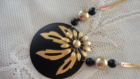 80s Black Enamel/Goldtone Necklace/Earrings Set