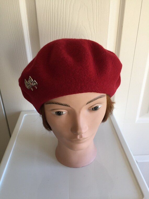 80s Dark Red Wool Beret Unisex Hat Large 11 Inches Beatnik  display picture 2