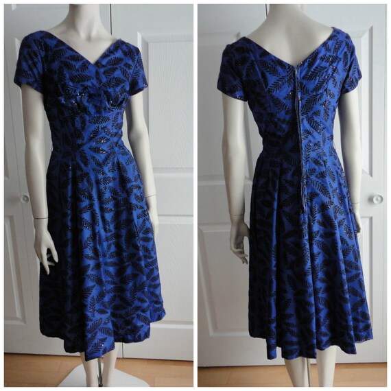 50s Vintage Royal Blue Women Dress Medium