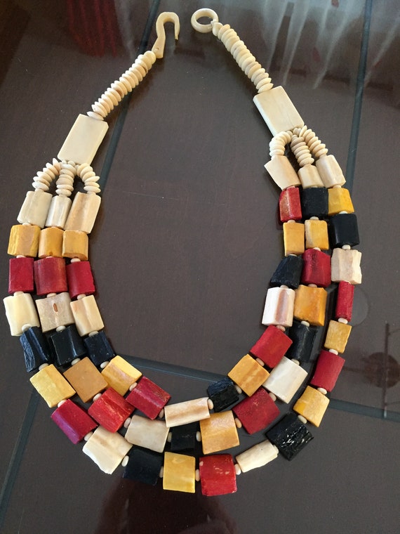 60s Cream/Yellow/Red/Black Tribal Unique Carved B… - image 3