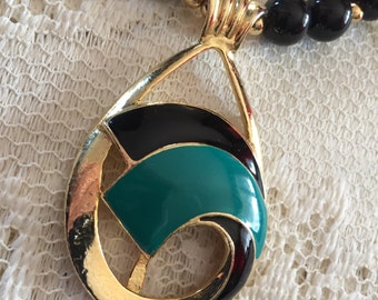 70s Black Lucite/Aqua Enamel Pendant Princess Necklace Bold Chic