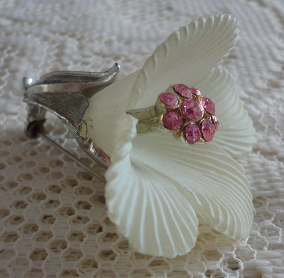 50s Pink Rhinestones/White Plastic/Rhodium Plated… - image 1