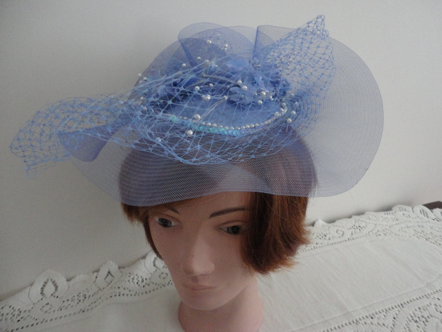 80s Blue Fabric/netting Women Hat bibi 