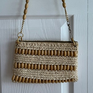 Cartera de mano de madera y paja tejida a crochet de los años 60, estilo vintage japonés