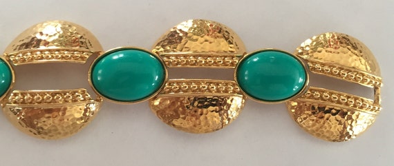 60s Monet Gold Plated Links Bracelet Green Caboch… - image 3