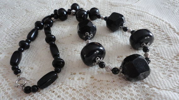 60s Black Lucite Beads Necklace Classy Chic Mourn… - image 1