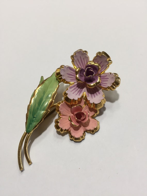 50s Pink/Lilac Flowers Enamel/Gold Plated Brooch … - image 1