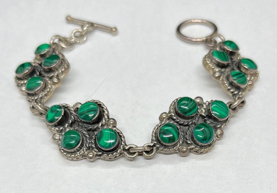 メキシコ 925 シルバー マラカイトカラー オーバル インレイ シンプル ヴィ 50s Vintage Malachite Cabs Mexico Silver .925 Links Bracelet