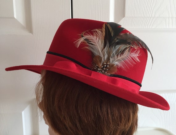 70s Bright Red Felt/feather Women Hat 