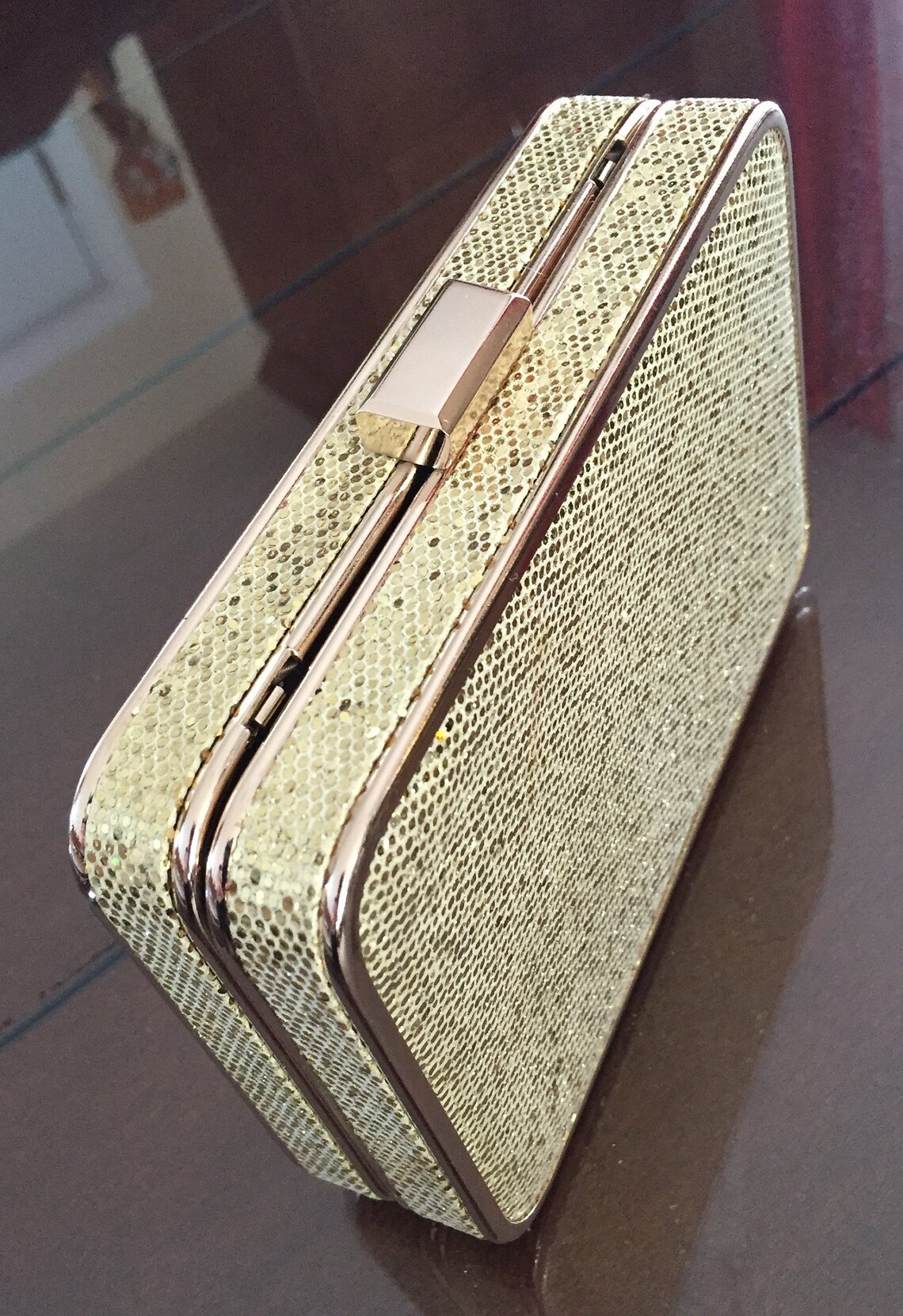 80s Hard Sided Purse Golden Glitter/goldtone Evening Clutch Etsy Canada