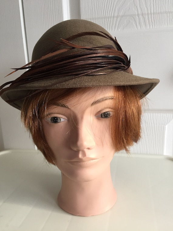 Vintage Wool Felt Hat with Copper Feather Trim 2” Brim Womens Millinery Made USA American Hat Makers | ? When the air turns crisp, your  main image 4
