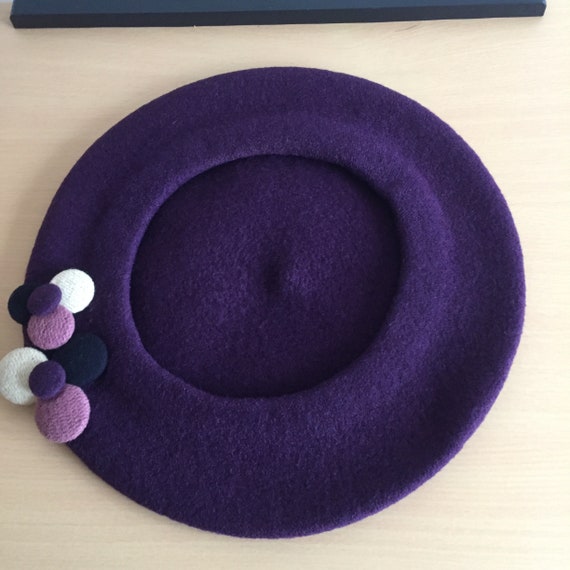 70s Purple Wool Beret Women Hat 10.5  Medium Butt… - image 7