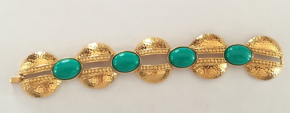 60s Monet Gold Plated Links Bracelet Green Caboch… - image 1