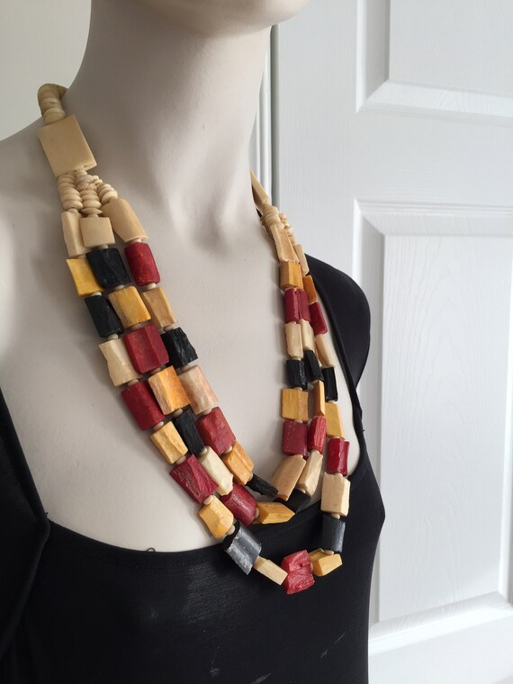 60s Cream/Yellow/Red/Black Tribal Unique Carved B… - image 10