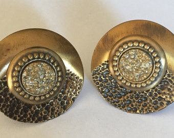 60s  Art Deco Style Copper Buttons Clip Earrings Vintage