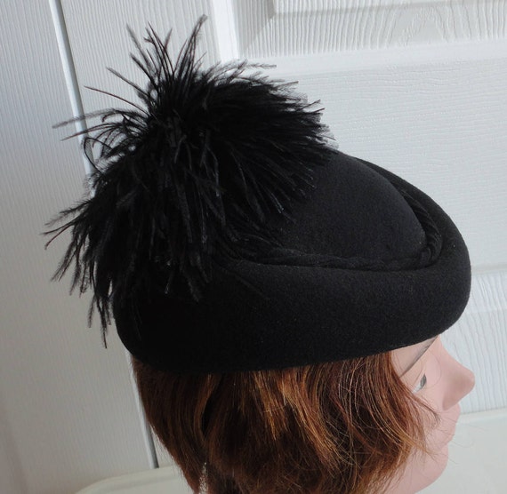 50s Black Felt \u0026 Feathers Women Hat 