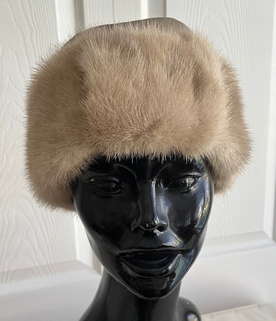70s Blond Mink Fur/light Brown Fabric Women Hat Small 21 1/2  display picture 3