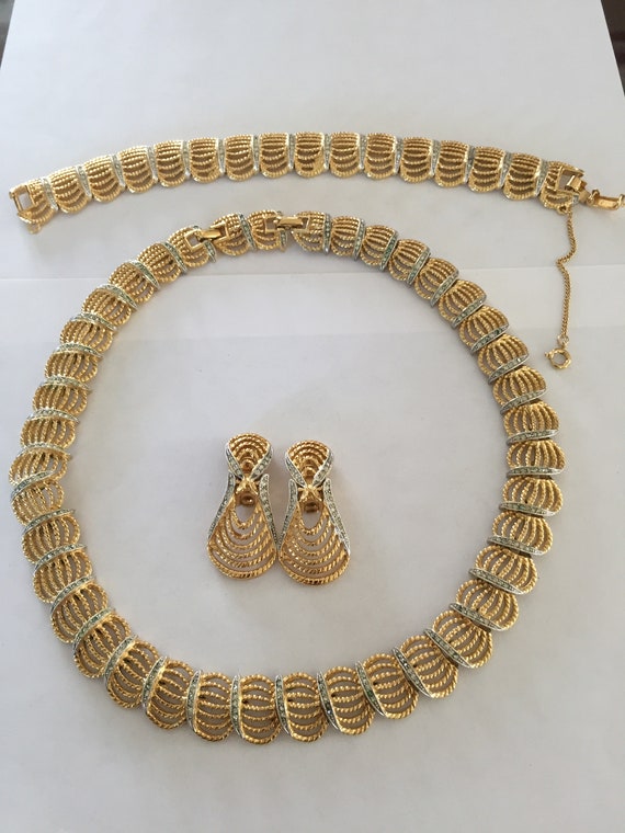 70s Goldplated / Rhinestones Necklace/ Clip earri… - image 1