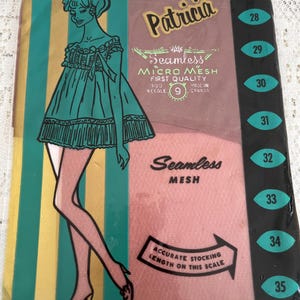May include: Vintage Patricia seamless micro mesh stocking packaging. The design includes a teal and gold striped background and a drawing of a woman in a dress. The pink packaging has the words "Seamless Mesh" and a size chart.