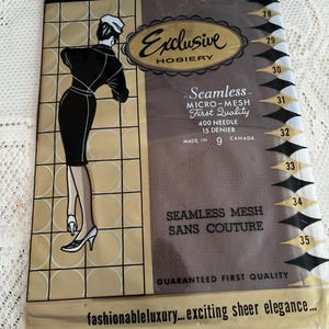 May include: Vintage Exclusive Hosiery package. The packaging features a drawing of a woman in a dress and heels. Text on the package includes "Seamless Micro-Mesh" and "Guaranteed First Quality". A scale for stocking length is visible.