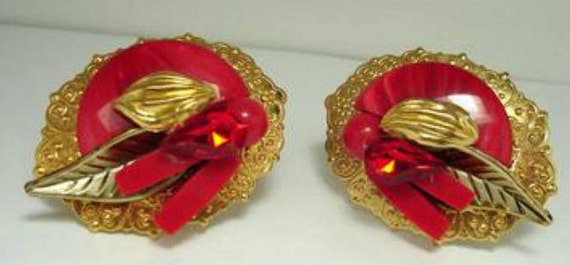 60s Red Lucite/Goldtone Bold Clip /Earrings - image 1