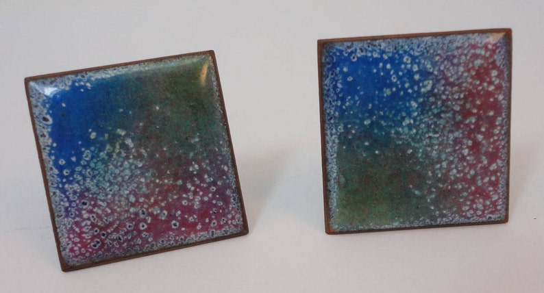 60s Blue Confetti Enamel on Copper Square Cuff Links Artisan Made QC