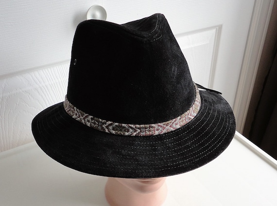 80s Black Suede Leather Fedora Hat, Lee Made in USA, Size Large 7.25" Vintage
