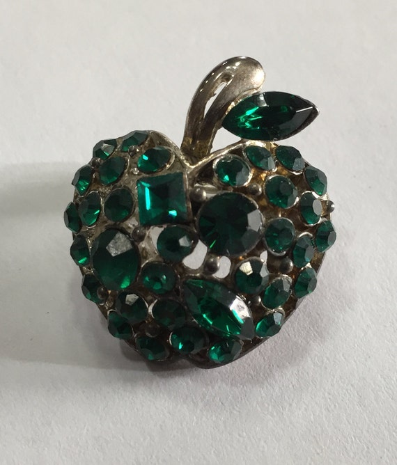 60s Green  Rhinestones/Silver Metal Alloy Apple B… - image 1