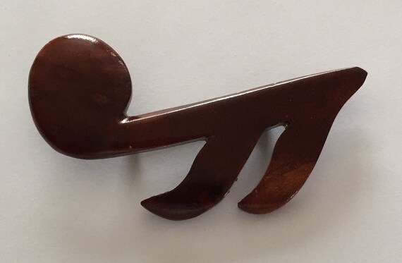 60s Brown Carved Wood Music Note Brooch - image 2