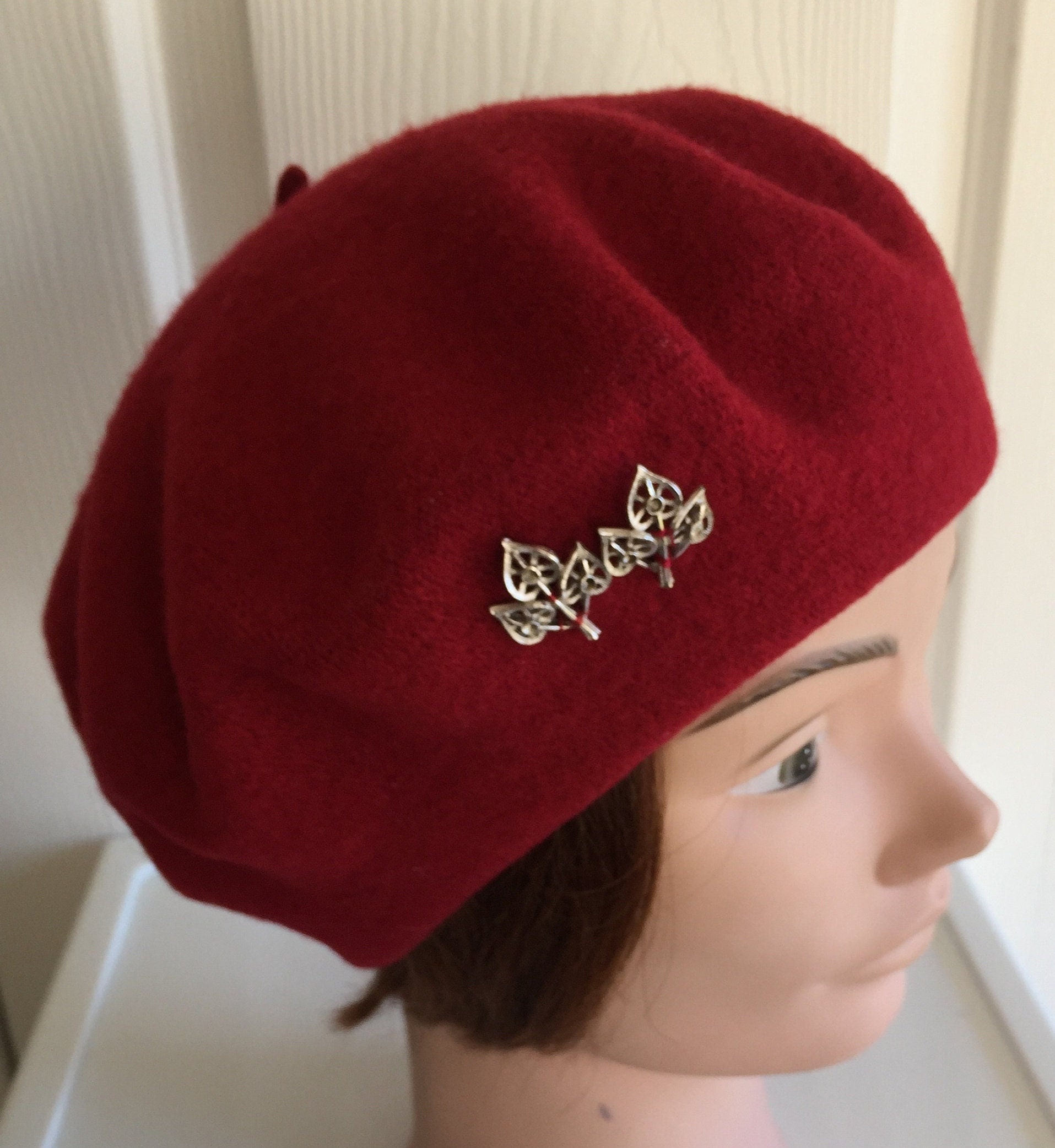 80s Dark Red Wool Beret Unisex Hat Large 11 Inches Beatnik