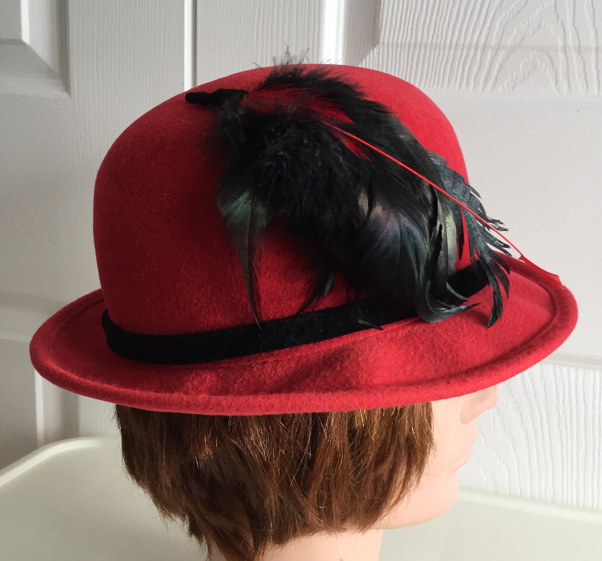 60s Red Felt Hat With Velvet Ribbon & Feathers, Small 