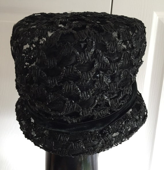 60s Vintage Black Straw Women Hat Extra Small  20… - image 2