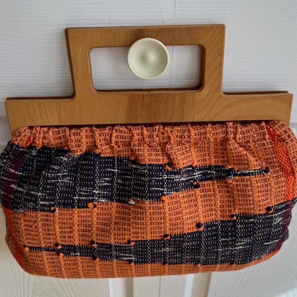 70s Orange/ Multicolor Hand Woven Fabric Cabas/Purse Light Wood Handles Vintage