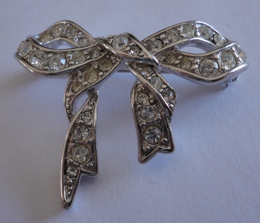 Broche Vintage Art Déco à Strass Blancs - Forme Nœud/comète Des Années 50