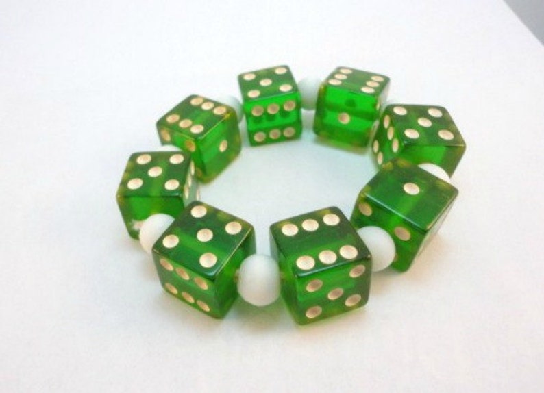 50s clear green Bakelite dices stretch bracelet vintage image 2