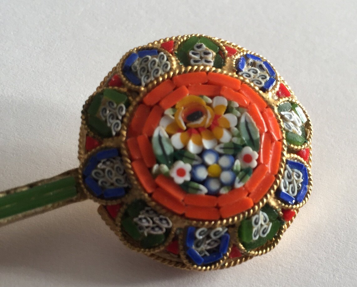 Superbe Broche Clip Micro Mosaïque Florentine Décor Mandoline - Italie, Métal Doré